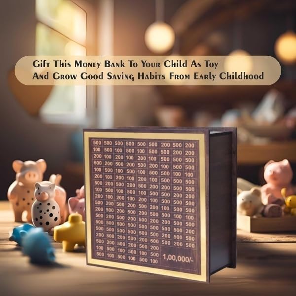 Wooden Money Saving Box - Cash Saver Money Box with Counting Target, ?1,00,000 Savings Challenge Piggy Bank, Cash Vault Savings Box, Unique Decorative Savings Box (Model 2) Modern
