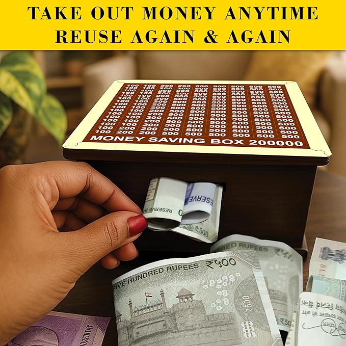 Wooden Money Saving Box - Cash Saver Money Box with Counting Target, ?1,00,000 Savings Challenge Piggy Bank, Cash Vault Savings Box, Unique Decorative Savings Box (Model 2) Modern