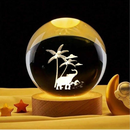 3D Elephant Crystal Plug in Night Light, 60mm Animal Glass Ball Lamps with Control LED Wooden Base, Crystal Ball Lamps Ornament Home Decor, Gift for Christmas Kids Friends Family-Warm White