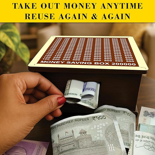 Wooden Money Saving Box - Cash Saver Money Box with Counting Target, ?1,00,000 Savings Challenge Piggy Bank, Cash Vault Savings Box, Unique Decorative Savings Box (Model 2) Modern